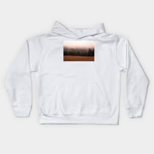 White horse near foggy mountain Kids Hoodie